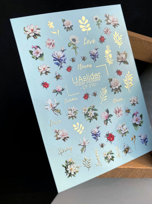 Spring Gold Foil Nail Water Decal / Flowers / Ladybug / Spring Nails