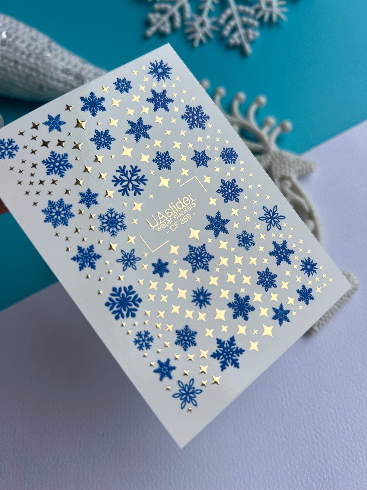 UA Slider 2D Nail Decal CF-359 Water Slide Nail Decals Blue Snowflakes & Gold Stars