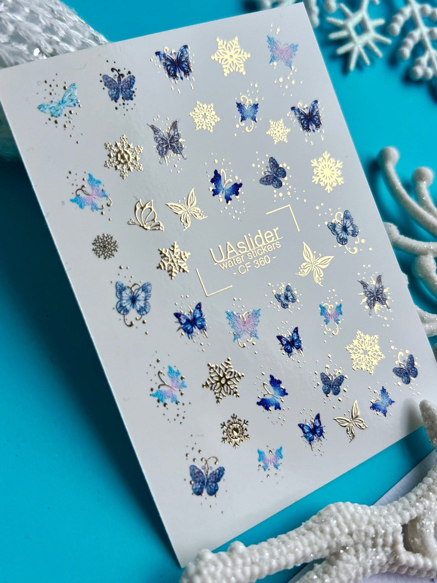UA Slider 2D Nail Decal CF-360 Water Slide Nail Decals Blue Purple Butterflies Gold Snowflakes Winter Fairy