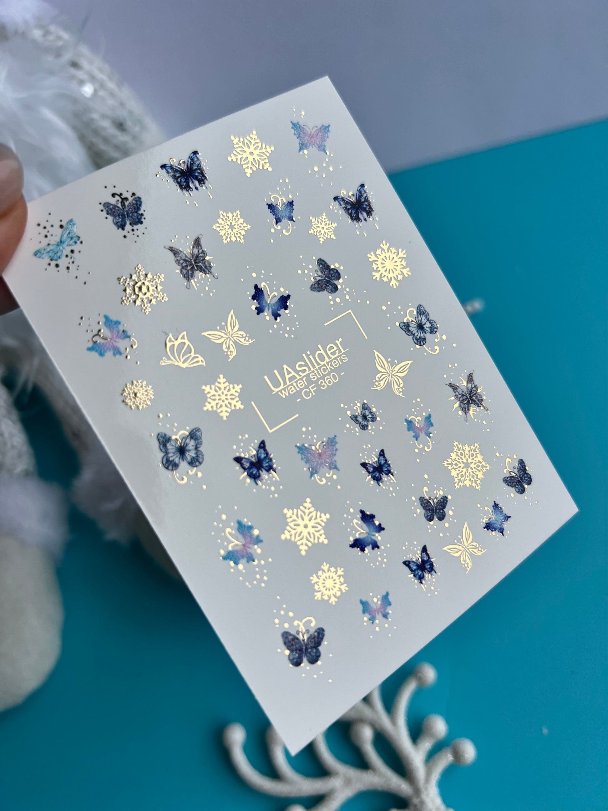 UA Slider 2D Nail Decal CF-360 Water Slide Nail Decals Blue Purple Butterflies Gold Snowflakes Winter Fairy