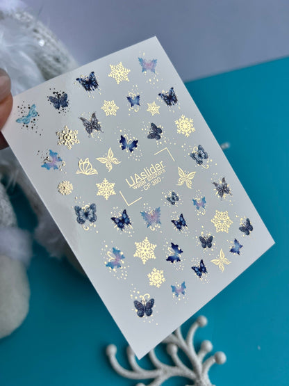 UA Slider 2D Nail Decal CF-360 Water Slide Nail Decals Blue Purple Butterflies Gold Snowflakes Winter Fairy