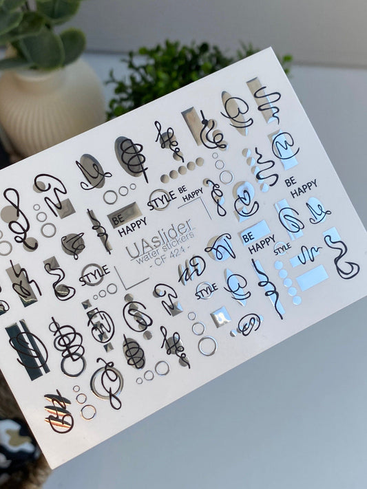UA Slider 2D Nail Decal CF-420 Nail Decal Silver FOIL/ Abstract /Scribble Line Art /Silver Accents/ Modern Luxury