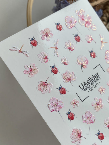 Spring Gold Foil Nail Water Decal / Flowers / Ladybug / Spring Nails