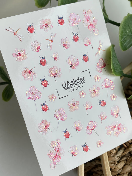 Spring Gold Foil Nail Water Decal / Flowers / Ladybug / Spring Nails