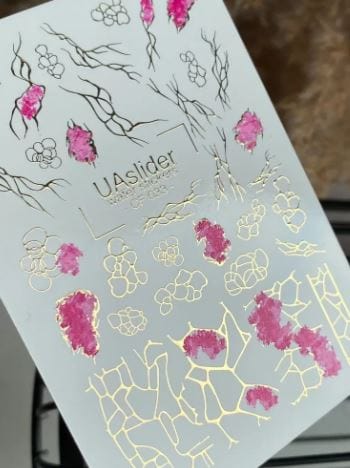 UA Slider 2D Nail Decal CF-033 Nail Water Decal Gold FOIL/ Watercolor Pink Florals/ Abstract Shapes/ Gold Foil Line Art