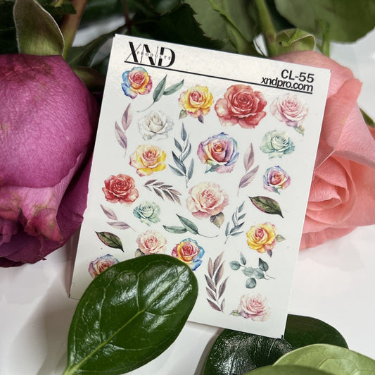 XND Products 2D Nail Decal CL-55 / Nail Decal 2D/ Colorful Roses/ Botanical Leaves/ Romantic/ Floral/ Roses/ Spring Nails