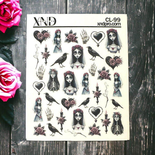 CL-99 Nail Decal 2D / Gothic Bride/ Corpse Bride/ Halloween/ Love - Xochi Nail Designs LLC