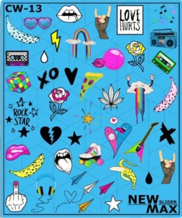 New Max 2D Nail Decal CW-13 / Nail Water Decal -  Rock-Inspired Nail Stickers/ Bright Retro/  Emo Nail Art / Sheet Nail art / Stickers / Nail salon/ Decals