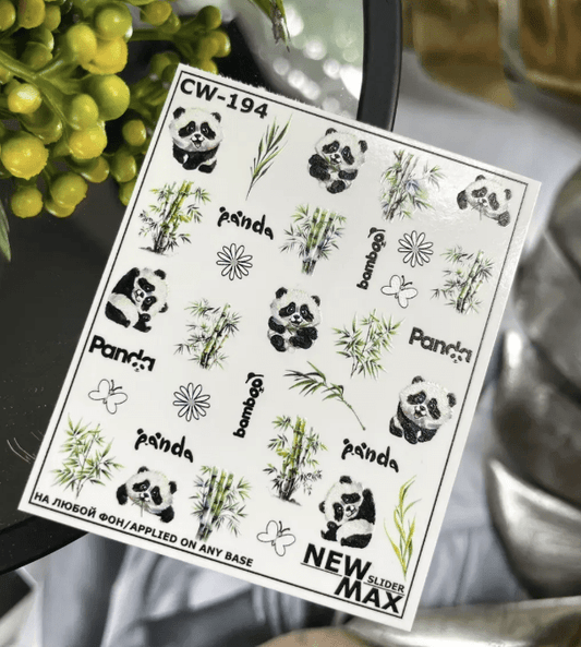 New Max 2D Nail Decal CW-194 / Nail Water Decal – Panda Bear Nail Art Water Stickers, Bamboo, Flowers & Cute Animal Nature Nail Designs