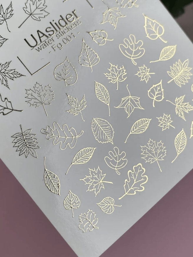 UA Slider 2D Nail Decal FG-001 Gold Leaf Fall Leaves. Autumn Maple Leaf Outline Nail Art Water Decals – Fall Botanical Nail Stickers