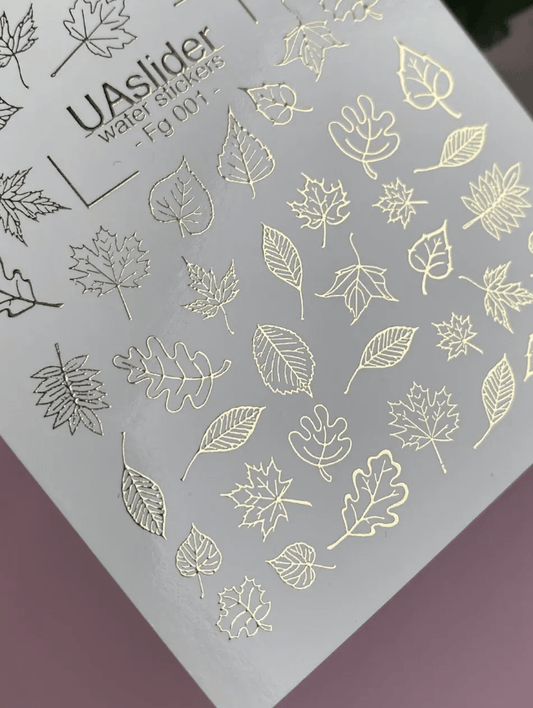UA Slider 2D Nail Decal FG-001 Gold Leaf Fall Leaves. Autumn Maple Leaf Outline Nail Art Water Decals – Fall Botanical Nail Stickers