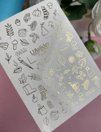 UA Slider 2D Nail Decal FG-003 Gold Foil Nail Water Decal /Minimalist /Autumn/Elegant/ Leaves/ Pumpkins
