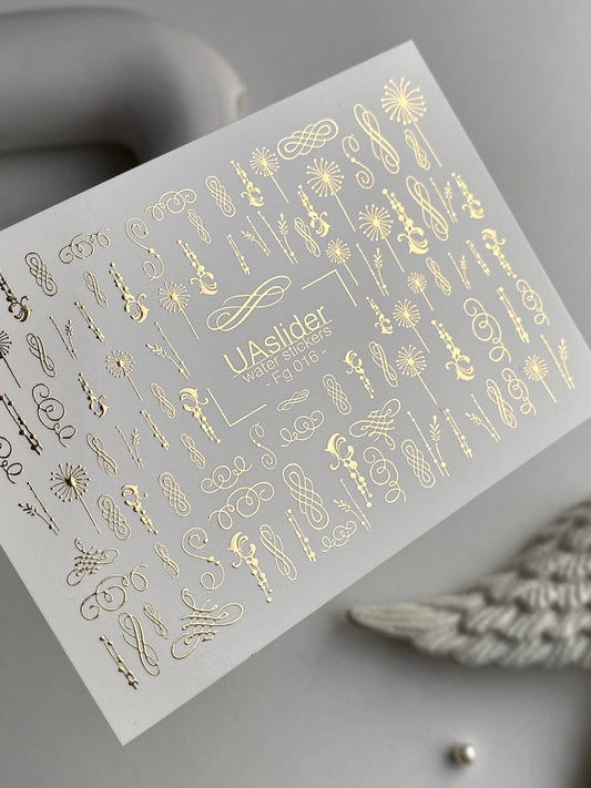 UA Slider 2D Nail Decal FG-016 Nail Decal Gold FOIL/ Ornamental/ Gold Swirls / Flourishes/ Elegant/ Botanical Accents for Luxury Bridal & Classic Nail Art