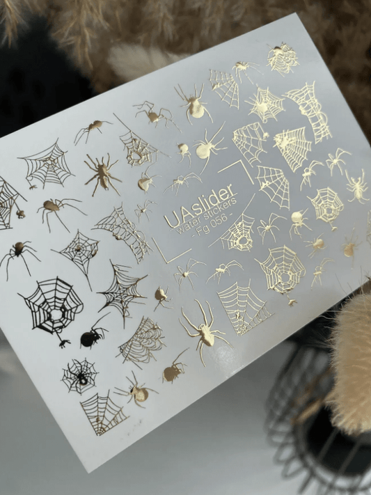 UA Slider 2D Nail Decal FG-056 Spider Web Nail Decals, Gold Halloween Waterslide Transfers, Spooky Nail Decals