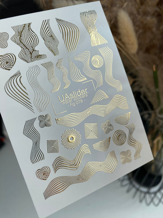 UA Slider 2D Nail Decal FG-078 Nail Decal Gold FOIL/ Wavy / Line Art / Optical Patterns / Nail Art / Water Nail Decals