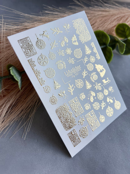 XND Products 2D Nail Decal FG-107 Gold Foil Water Decals – Luxury Christmas Ornaments, Trees & Winter Nail Art