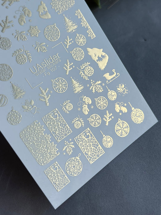 XND Products 2D Nail Decal FG-107 Gold Foil Water Decals – Luxury Christmas Ornaments, Trees & Winter Nail Art