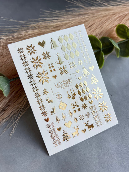 XND Products 2D Nail Decal FG-108 Gold Foil Nordic Sweater Nail Decals – Winter Snowflakes & Cozy Festive Patterns