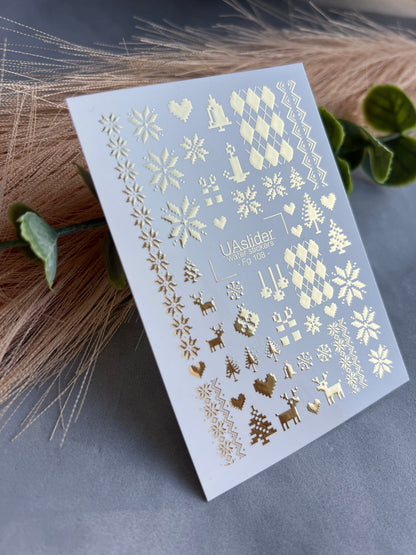 XND Products 2D Nail Decal FG-108 Gold Foil Nordic Sweater Nail Decals – Winter Snowflakes & Cozy Festive Patterns