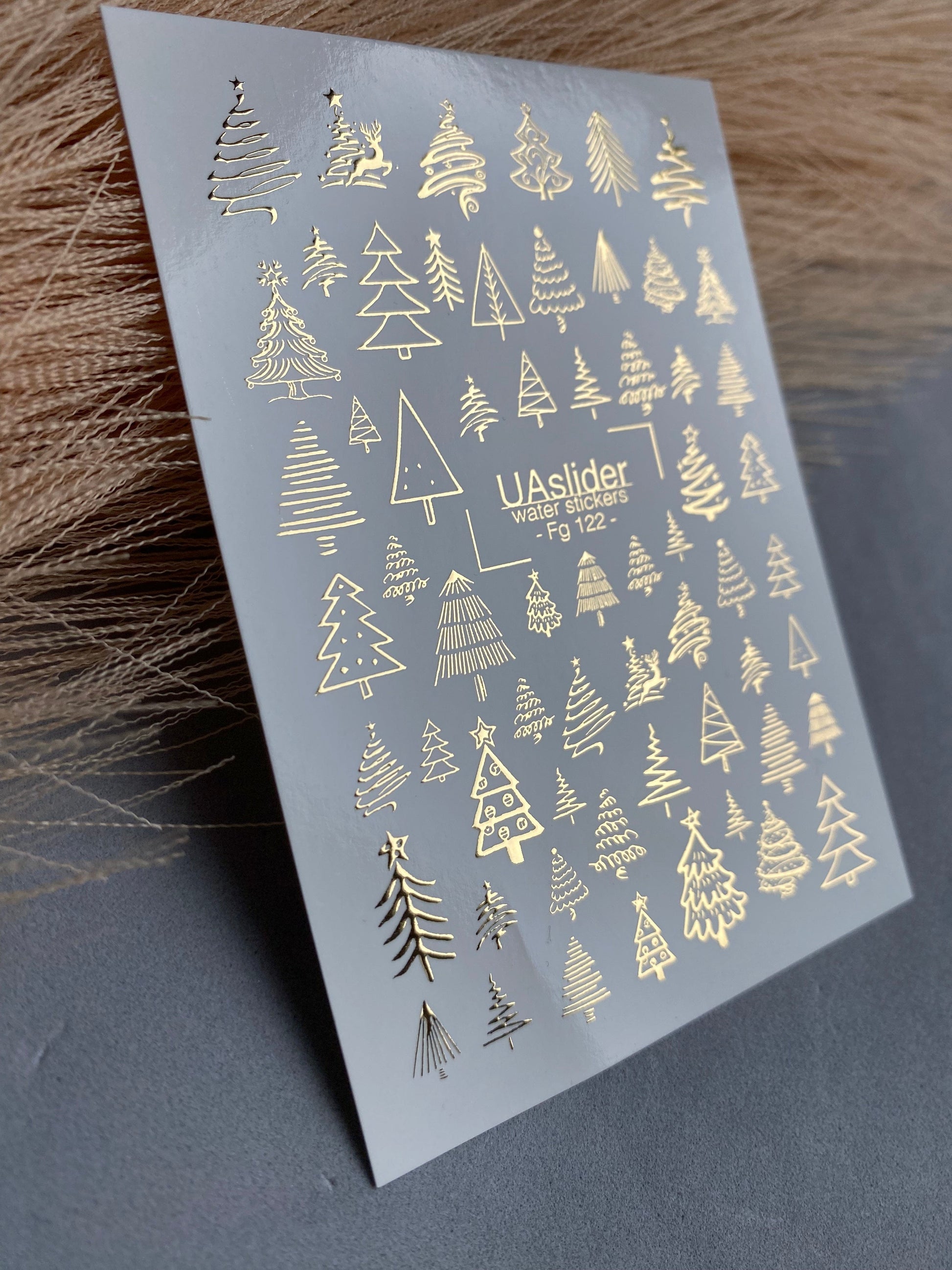 UA Slider 2D Nail Decal FG-122 Gold Christmas Tree Water Decals , Minimal Holiday Tree Nail Art