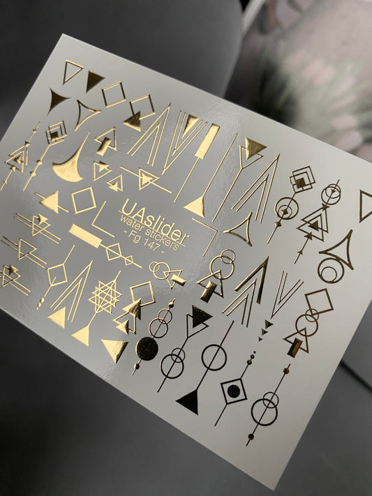 UA Slider 2D Nail Decal FG-147 Nail Decal Gold FOIL/ Abstract / Arrows/ Circles/ Triangles / Nail Art/ Nail Water Decals