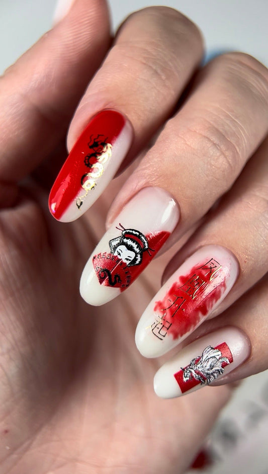 UA Slider 2D Nail Decal Gold Foil Nail Water Decal / Geisha / Lotus Flower / Japanese Symbols
