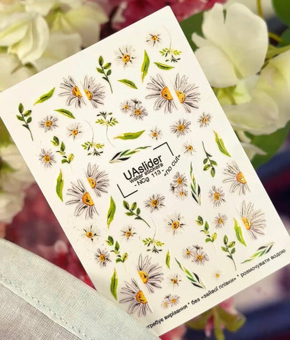 UASlider Nail Water Decals NCg-113 White Daisy Gold Foil Nail Water Decals - No Cut Botanical Floral Nail Art
