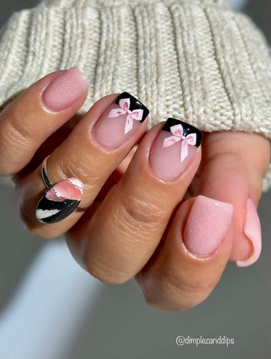 UA Slider 2D Nail Decal NCG-041, NO CUT Bow Nail Water Decals – Pink & Black Ribbon Nail Art Stickers