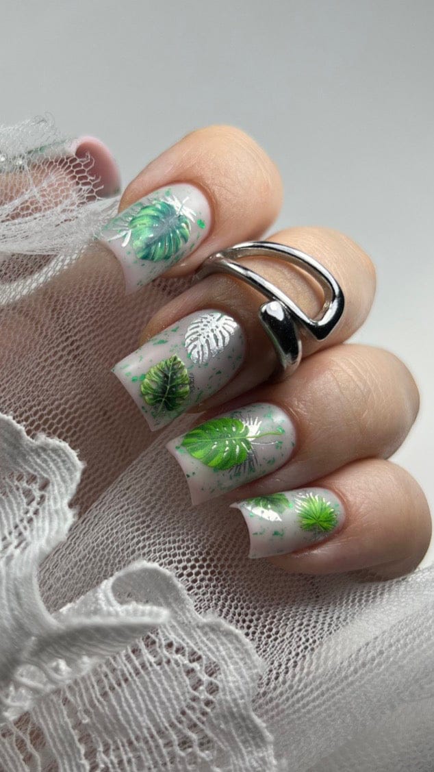 UA Slider 2D Nail Decal CF-372 Nail Decal Silver FOIL/Tropical/ Leafs/ Jungle /Fern leaves/  Botanical / Gold Foil Accents