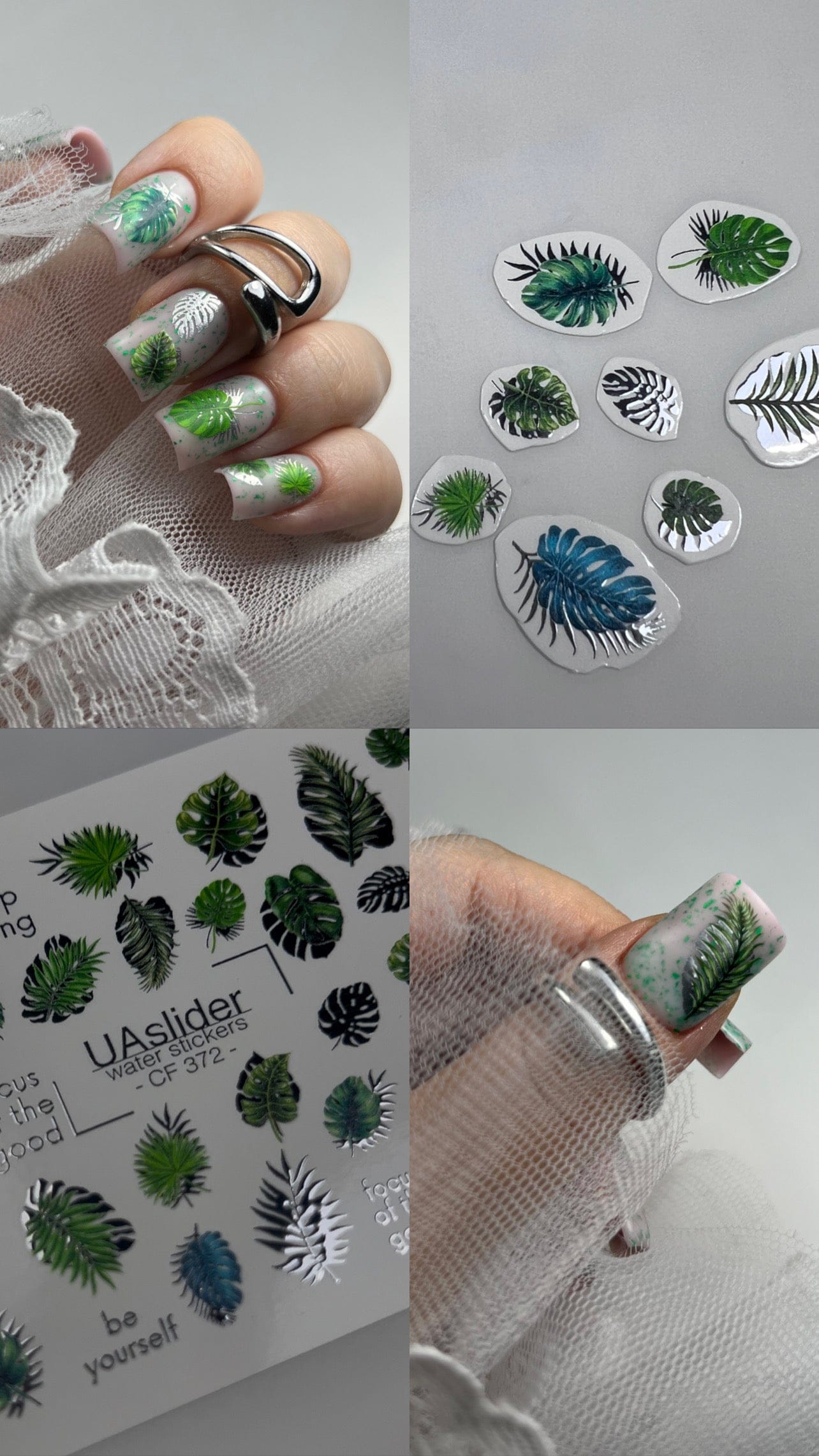 UA Slider 2D Nail Decal CF-372 Nail Decal Silver FOIL/Tropical/ Leafs/ Jungle /Fern leaves/  Botanical / Gold Foil Accents