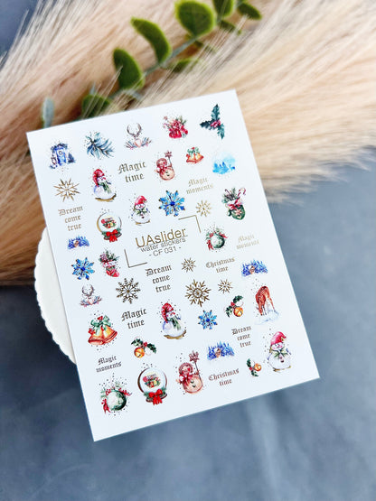 UA Slider 2D Nail Decal CF-031 Water Slide Nail Decals Snowflakes Snowmen Reindeer Holiday Nails