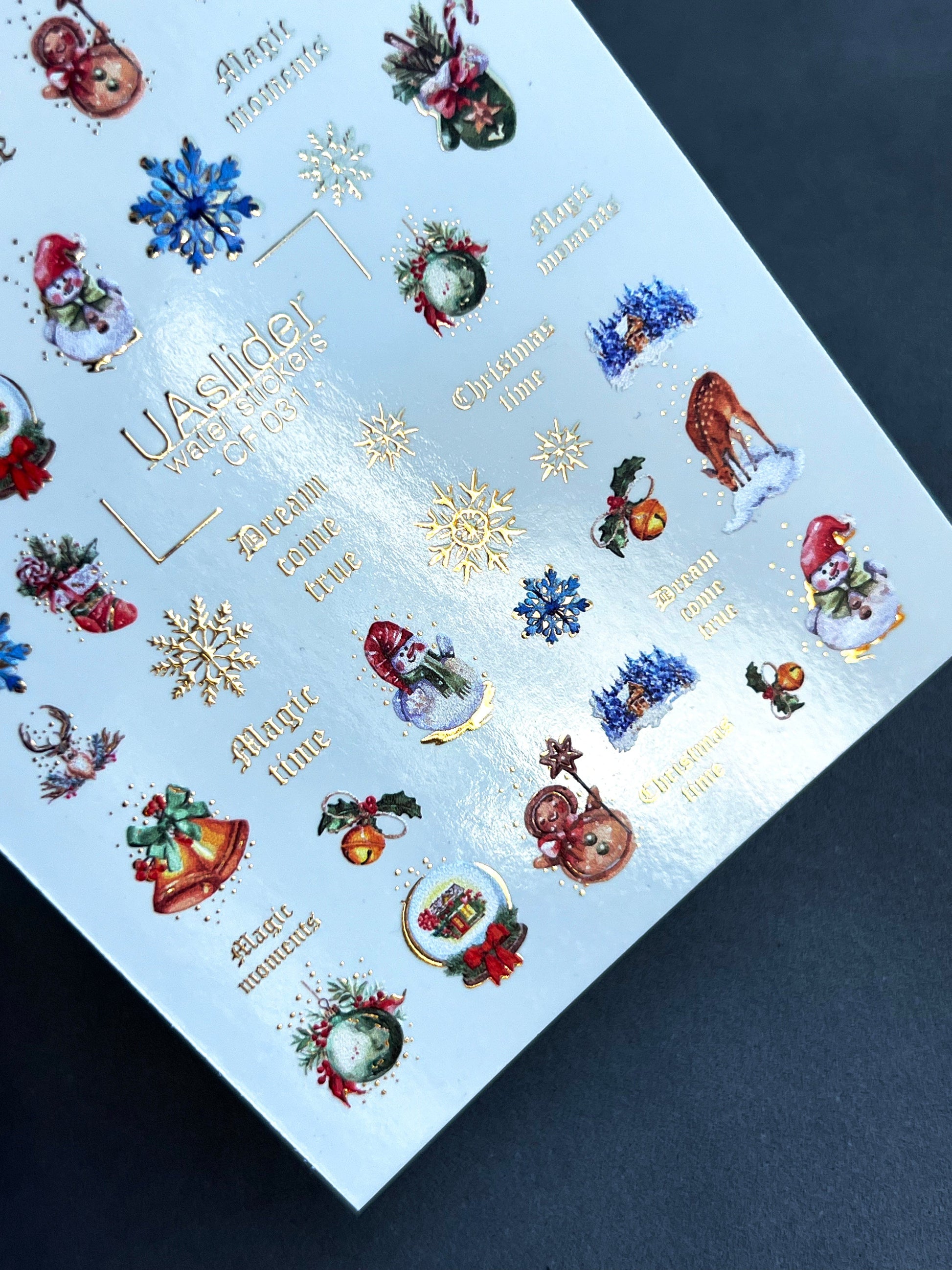 UA Slider 2D Nail Decal CF-031 Water Slide Nail Decals Snowflakes Snowmen Reindeer Holiday Nails