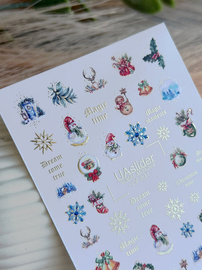 UA Slider 2D Nail Decal CF-031 Water Slide Nail Decals Snowflakes Snowmen Reindeer Holiday Nails