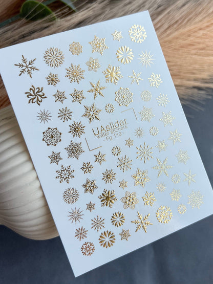 UA Slider 2D Nail Decal FG-119 Water Slide Nail Decals Gold Foil Snowflakes Winter Magic Holiday Nails