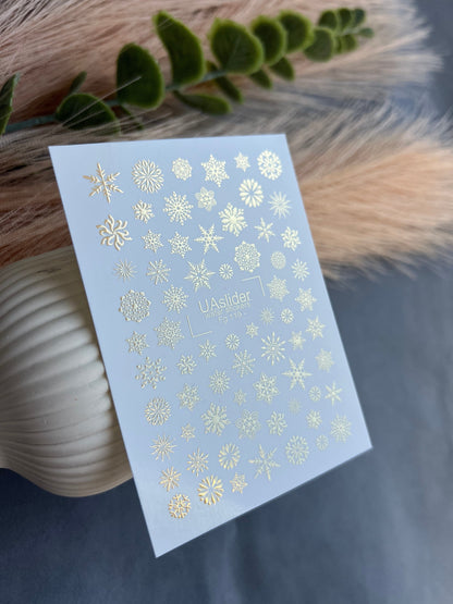 UA Slider 2D Nail Decal FG-119 Water Slide Nail Decals Gold Foil Snowflakes Winter Magic Holiday Nails