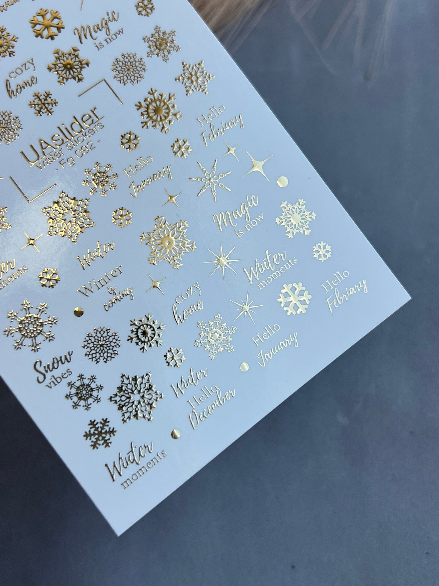 UA Slider 2D Nail Decal FG-092 Water Slide Nail Decals Gold Snowflakes & Winter Quotes Holiday Nails Winter Nail Art