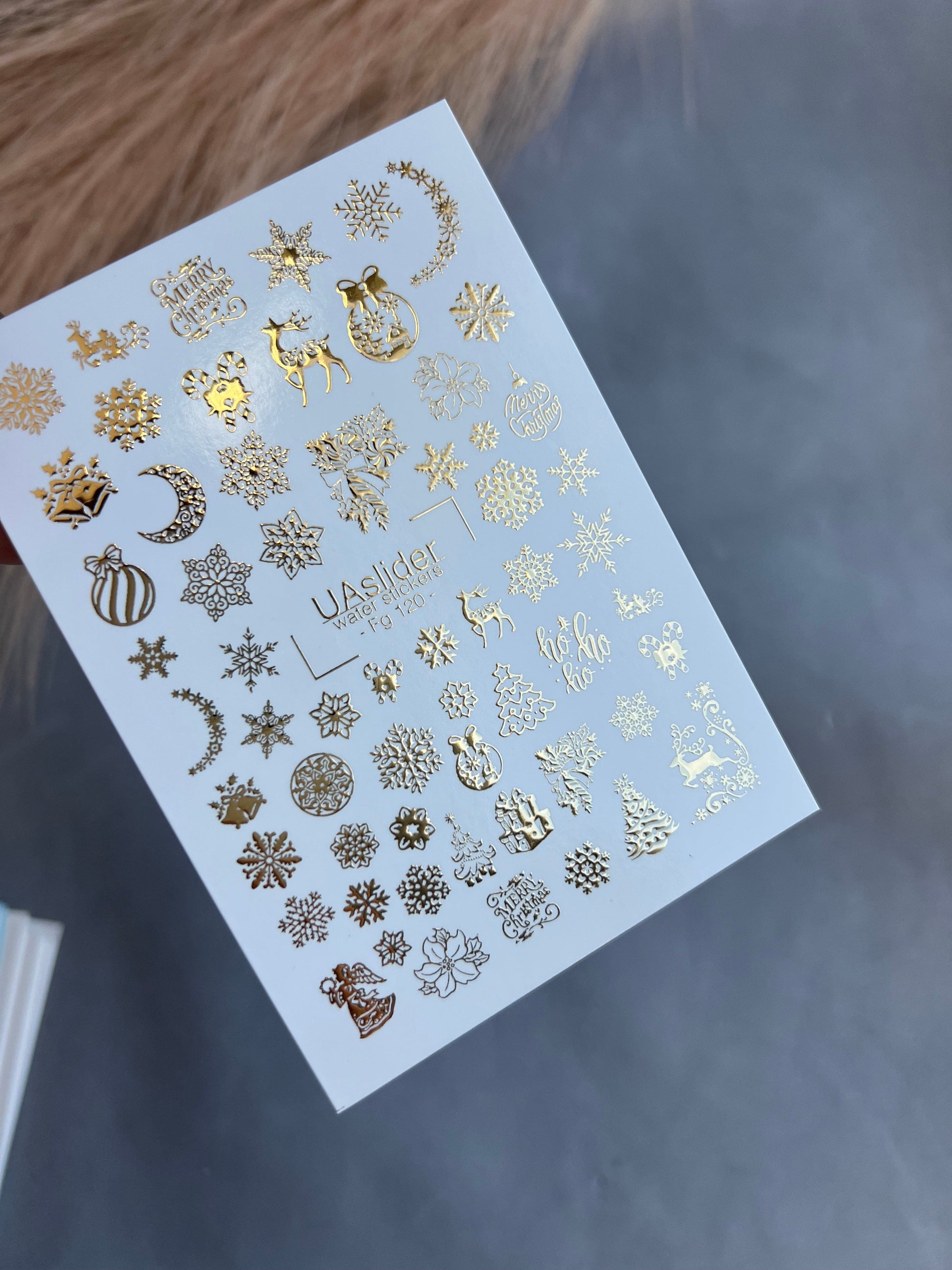 UA Slider 2D Nail Decal FG-120 Water Slide Nail Decals Christmas Trees and Gold Snowflakes