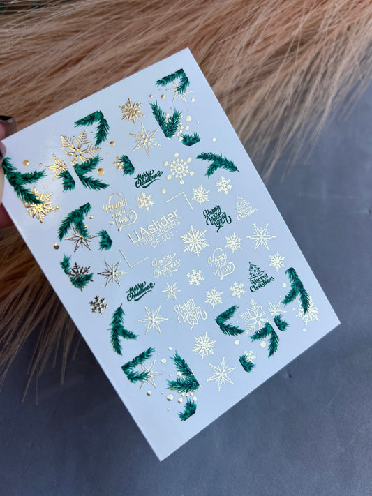 UA Slider 2D Nail Decal CF-001 Nail Water Decal Gold FOIL/ Christmas Pine/ Snowflakes/ Merry Christmas/ Happy New Year