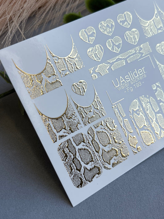 UA Slider 2D Nail Decal FG-193 Gold Snake Print French Tip Nail Decals | Metallic Lace & Heart Nail Art Stickers