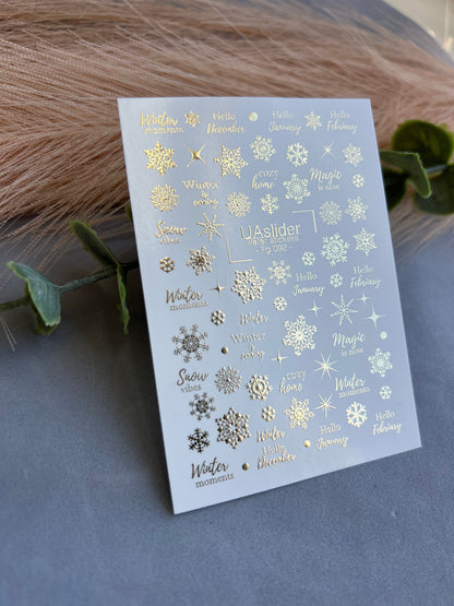 UA Slider 2D Nail Decal FG-092 Water Slide Nail Decals Gold Snowflakes & Winter Quotes Holiday Nails Winter Nail Art