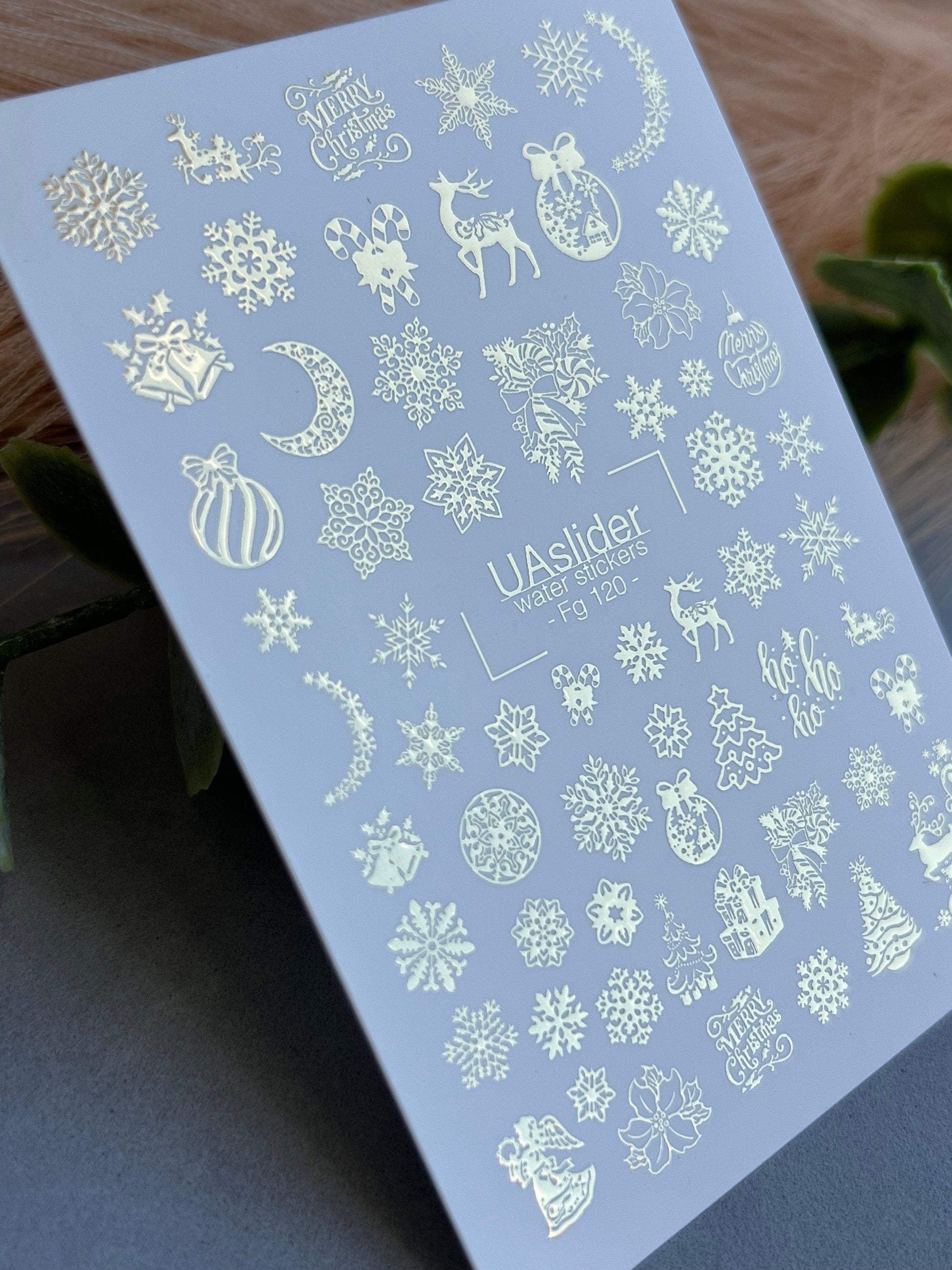 UA Slider 2D Nail Decal FG-120 Water Slide Nail Decals Christmas Trees and Gold Snowflakes