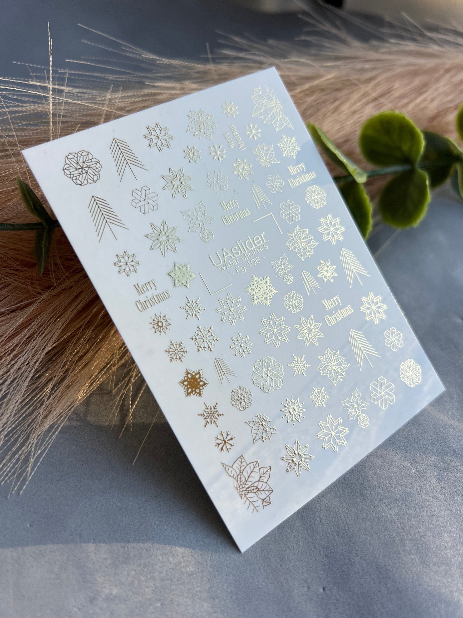 UA Slider 2D Nail Decal FG-106 Gold Snowflakes Evergreen Branches Holiday Florals Water Slide Nail Decals winter nails christmas nails velvet french