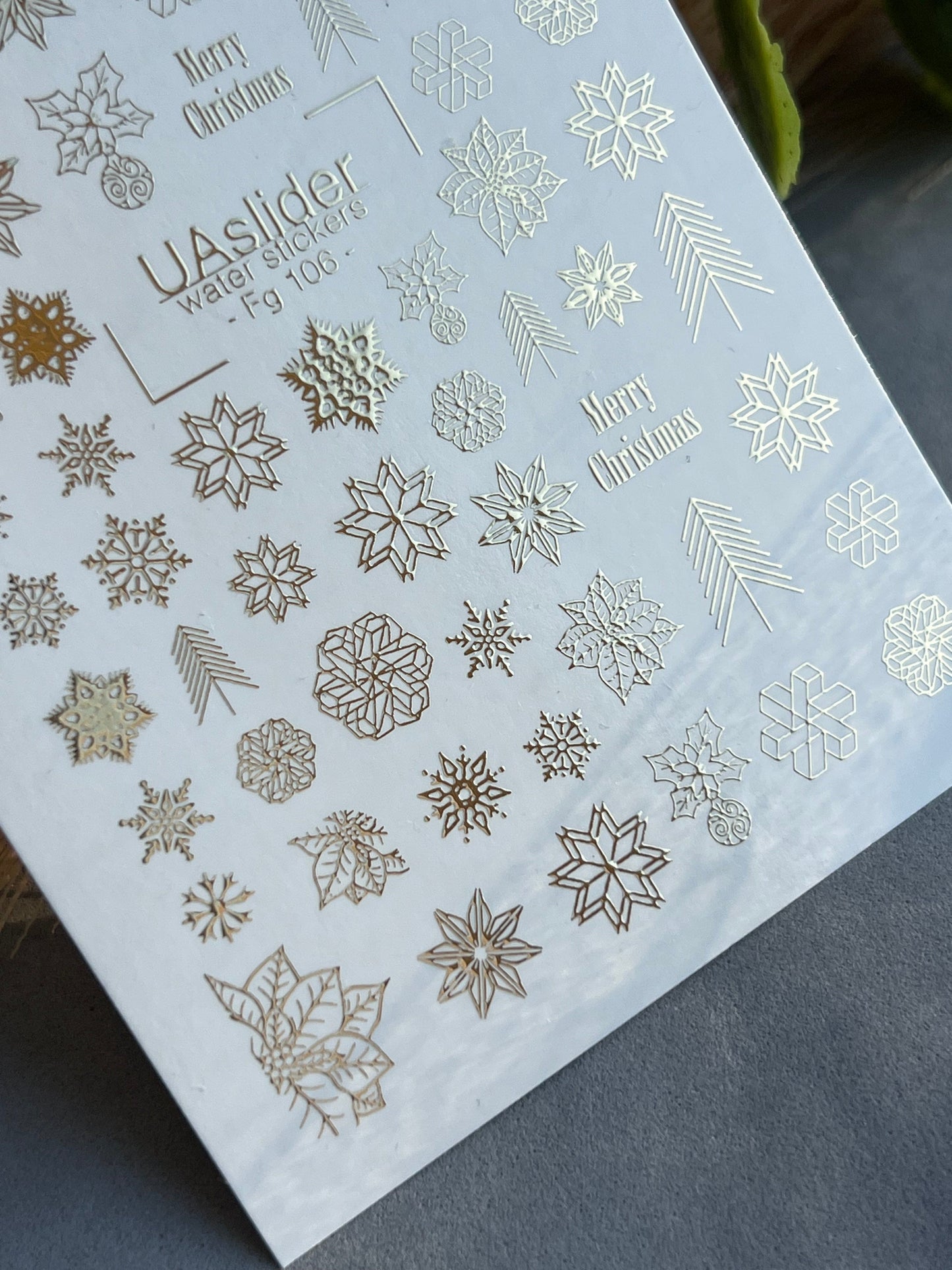 UA Slider 2D Nail Decal FG-106 Gold Snowflakes Evergreen Branches Holiday Florals Water Slide Nail Decals winter nails christmas nails velvet french