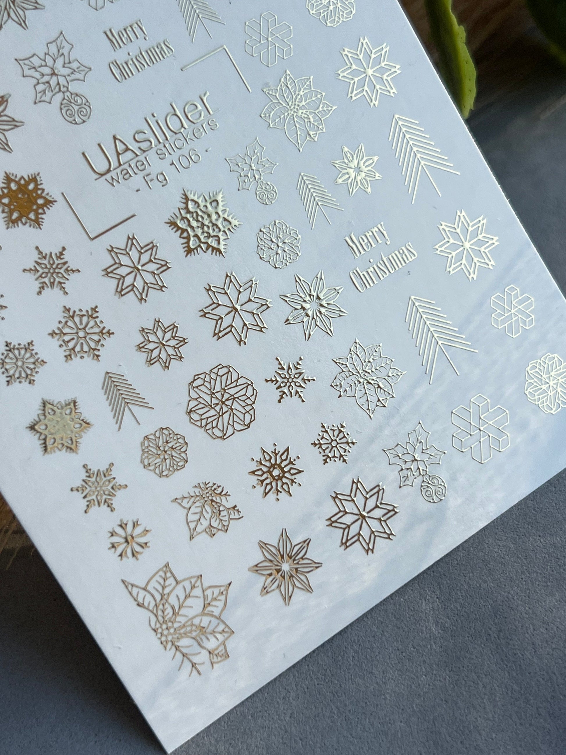 UA Slider 2D Nail Decal FG-106 Gold Snowflakes Evergreen Branches Holiday Florals Water Slide Nail Decals winter nails christmas nails velvet french