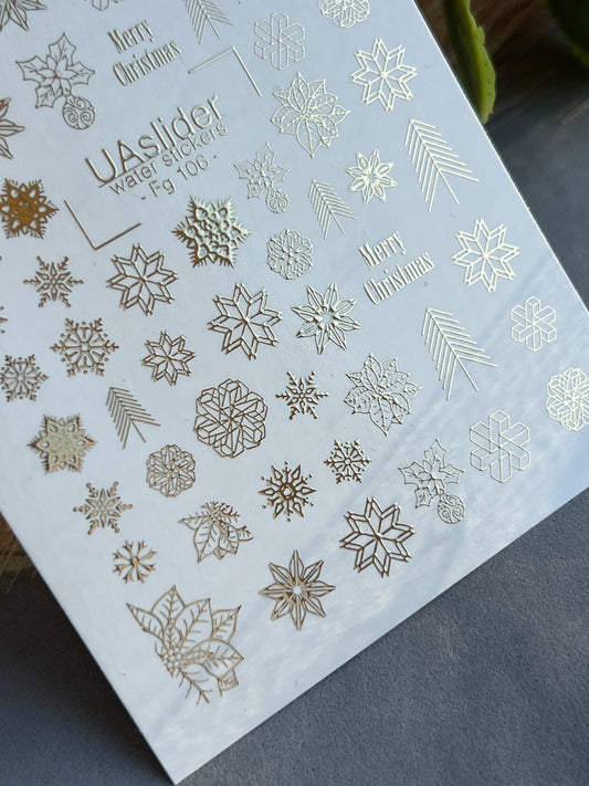 UA Slider 2D Nail Decal FG-106 Gold Snowflakes Evergreen Branches Holiday Florals Water Slide Nail Decals winter nails christmas nails velvet french