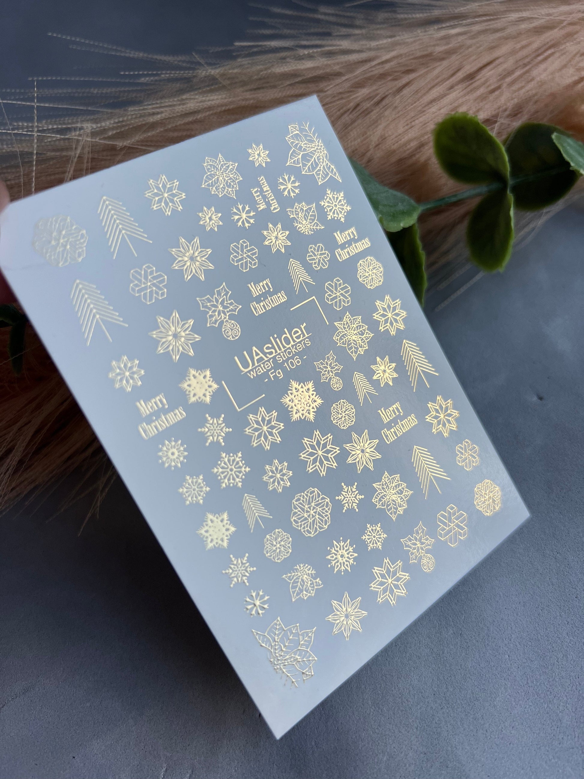 UA Slider 2D Nail Decal FG-106 Gold Snowflakes Evergreen Branches Holiday Florals Water Slide Nail Decals winter nails christmas nails velvet french