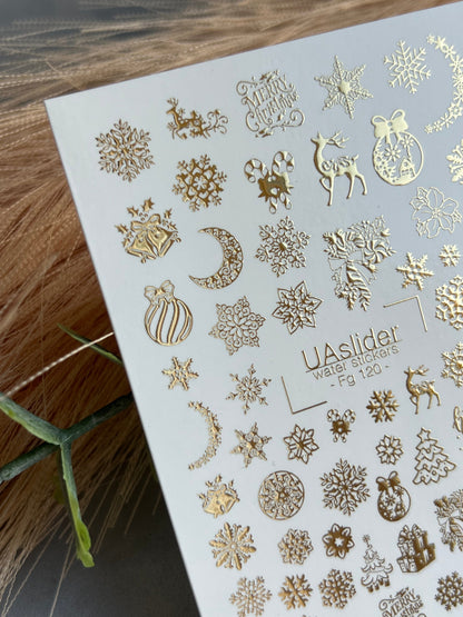 UA Slider 2D Nail Decal FG-120 Water Slide Nail Decals Christmas Trees and Gold Snowflakes