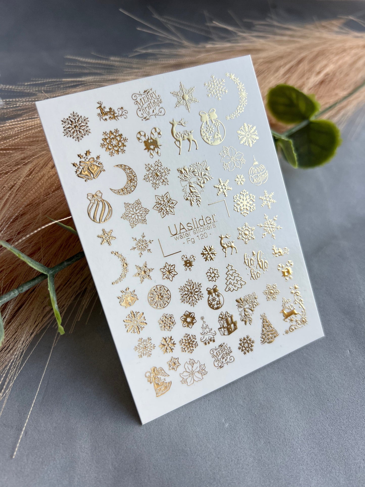 UA Slider 2D Nail Decal FG-120 Water Slide Nail Decals Christmas Trees and Gold Snowflakes