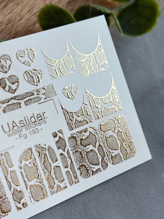 UA Slider 2D Nail Decal FG-193 Gold Snake Print French Tip Nail Decals | Metallic Lace & Heart Nail Art Stickers