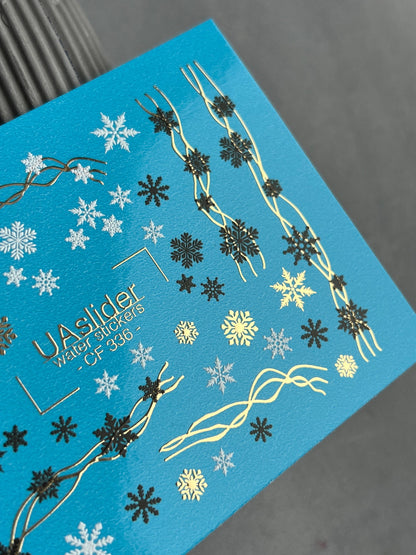 UA Slider 2D Nail Decal CF-336 Water Slide Nail Decals Snowflakes and Festive Lines in Gold, Black and White